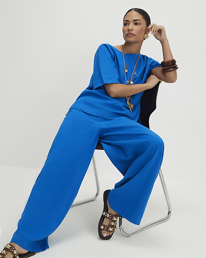 Petite Blue Linen Blend Wide Leg Trousers