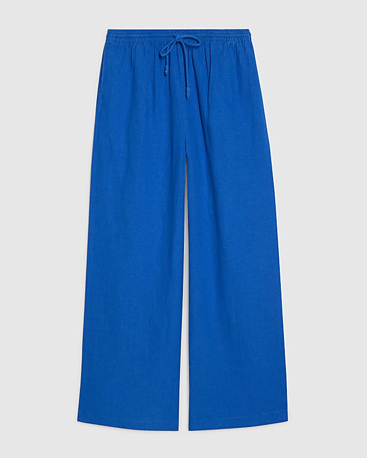 Petite Blue Linen Blend Wide Leg Trousers