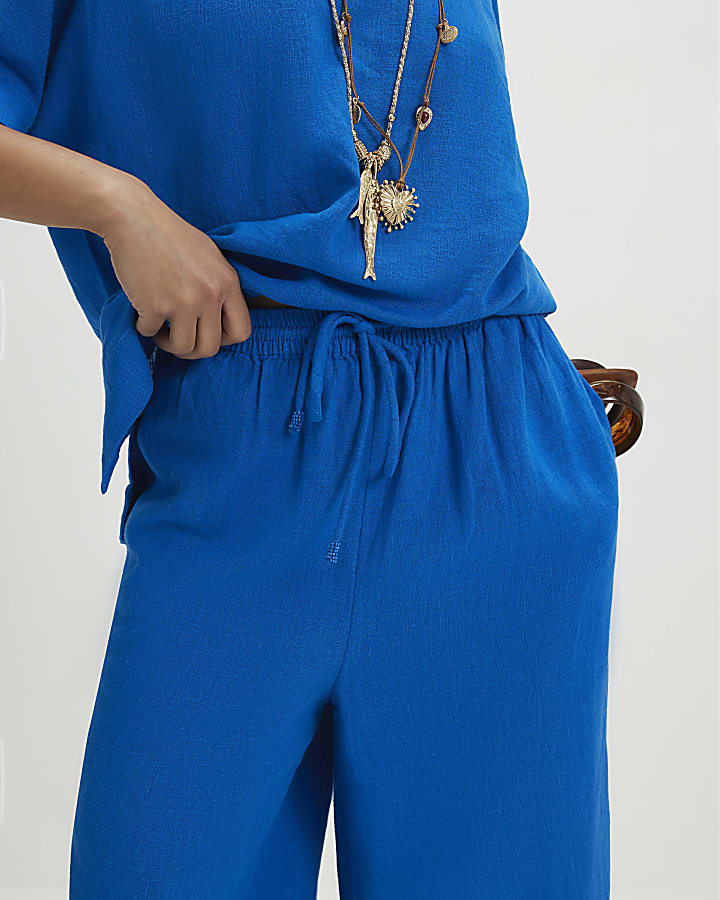 Petite Blue Linen Blend Wide Leg Trousers