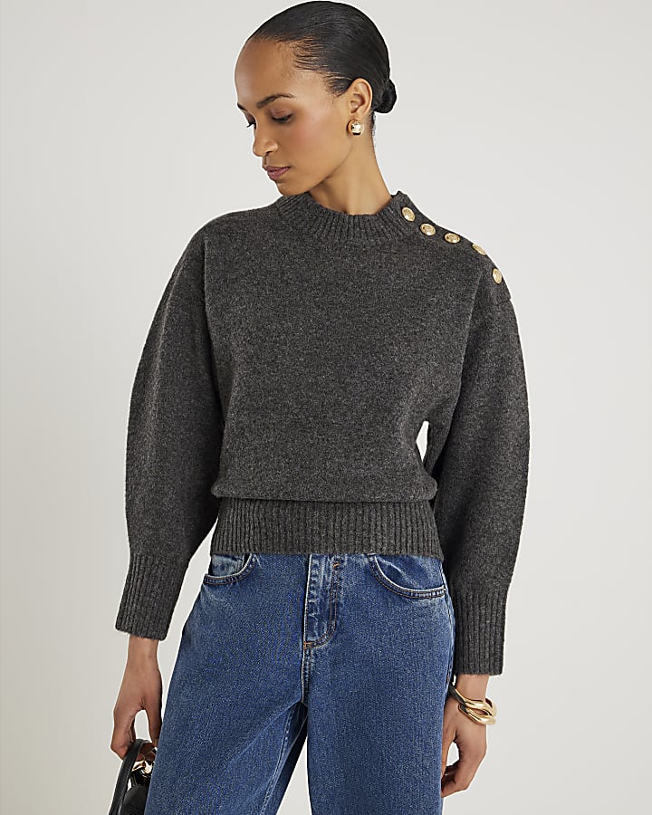 Grey Button Neck Jumper