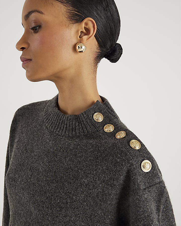 Grey Button Neck Jumper