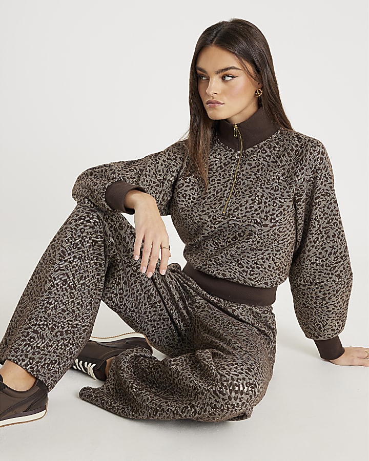 Brown Leopard Print Wide Leg Joggers