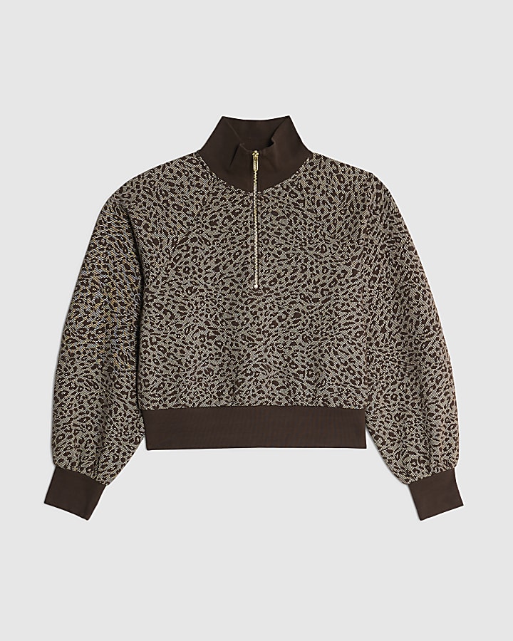 Brown Leopard Print Zip Neck Sweatshirt