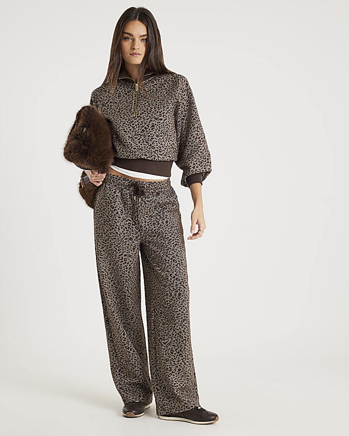 Brown Leopard Print Zip Neck Sweatshirt