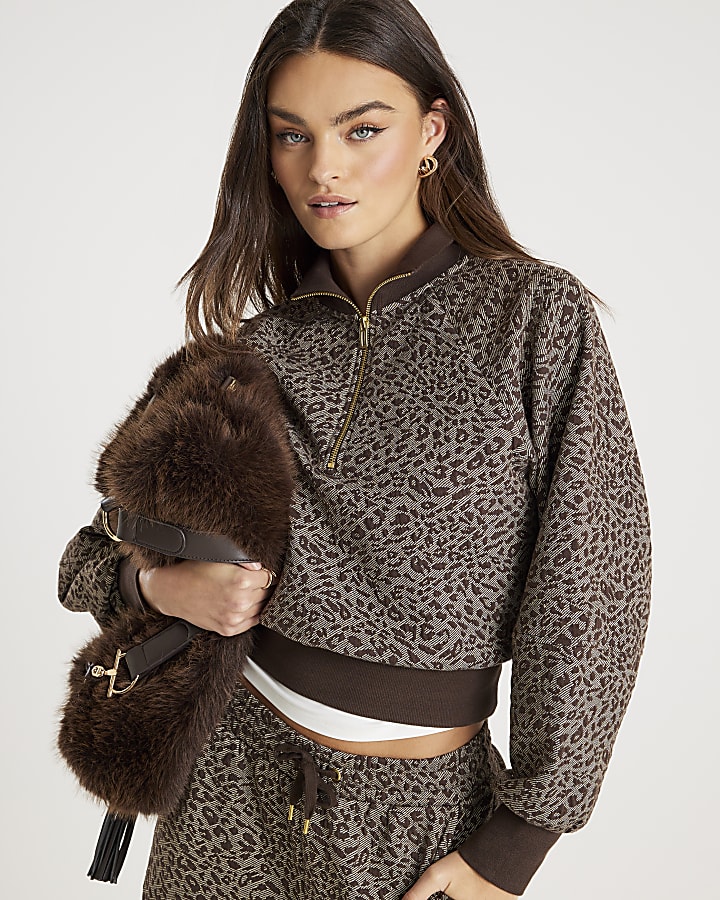 Brown Leopard Print Zip Neck Sweatshirt