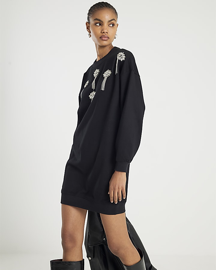 Black Embellished Sweatshirt Dress