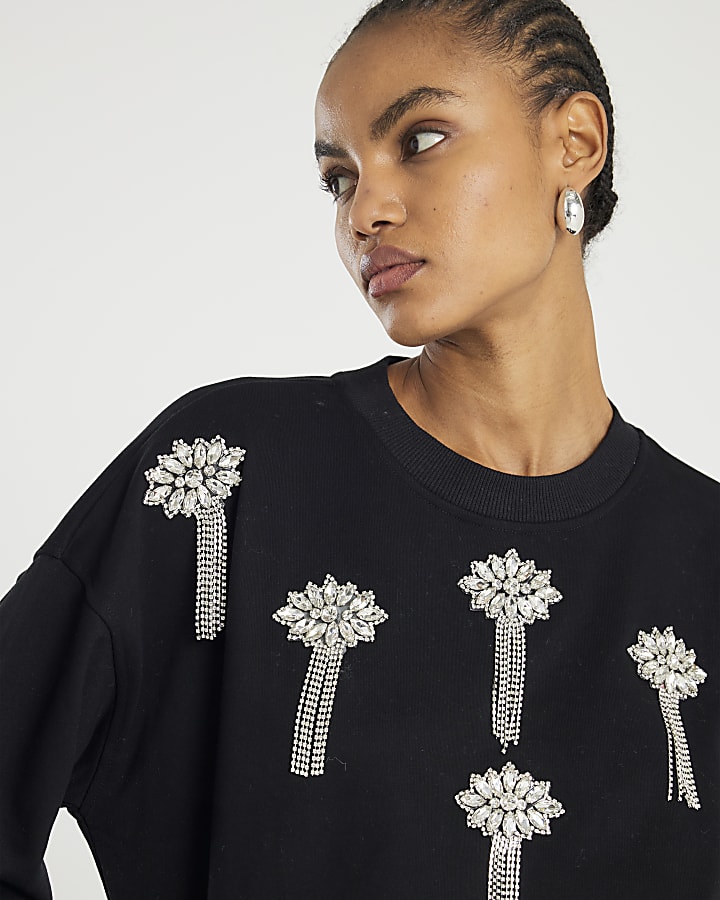 Black Embellished Sweatshirt Dress
