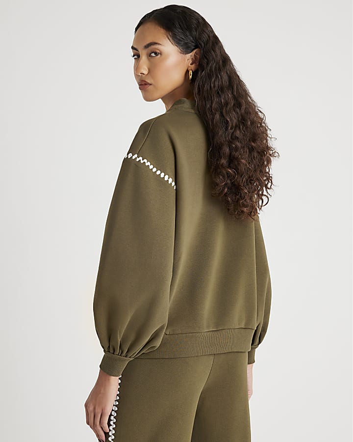 Khaki Long Sleeve Whipstitch Sweatshirt