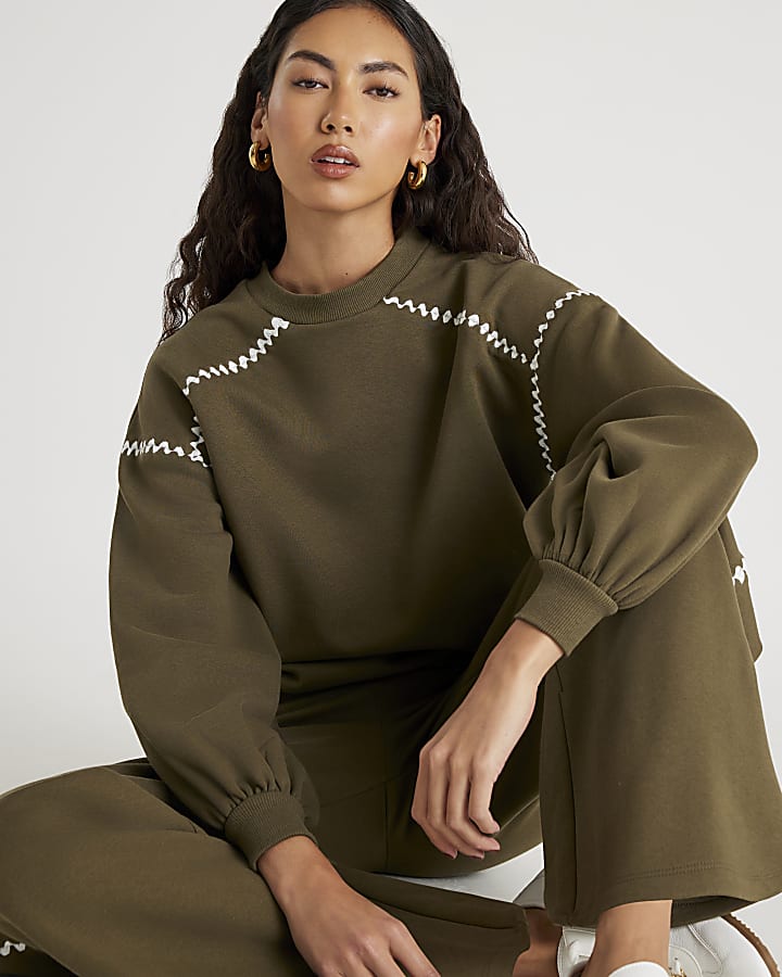 Khaki Long Sleeve Whipstitch Sweatshirt