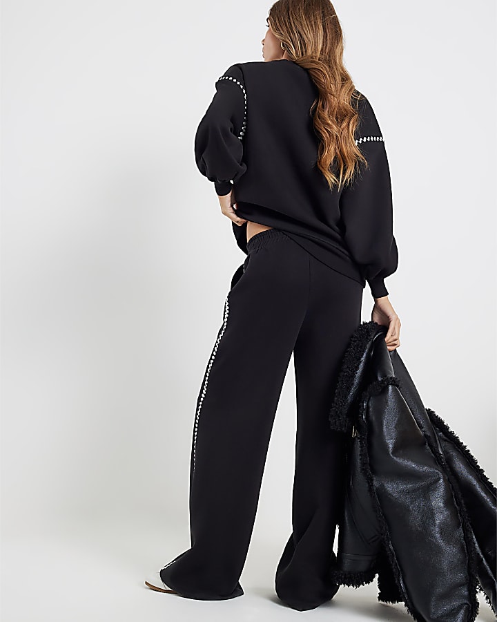 Black Whipstitch Wide Leg Joggers
