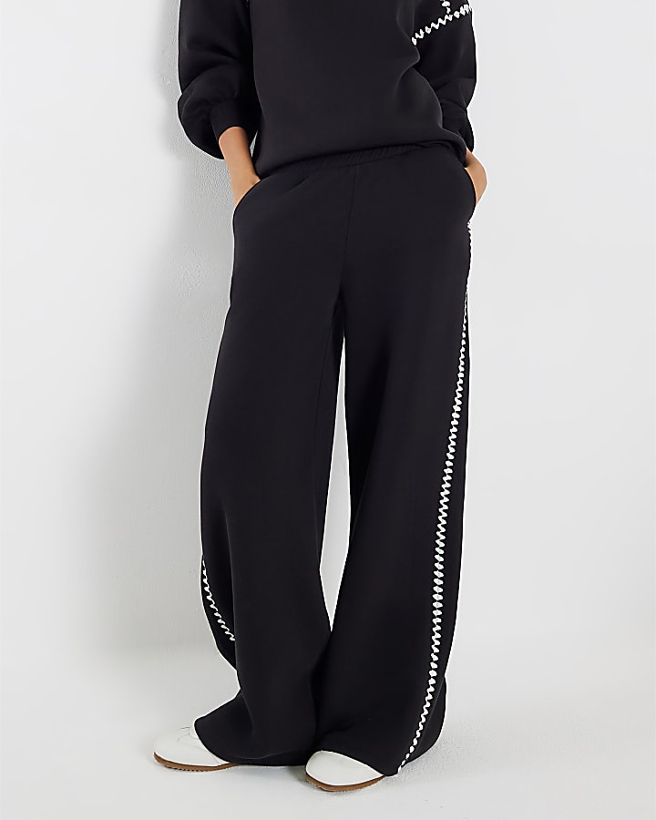 Black Whipstitch Wide Leg Joggers