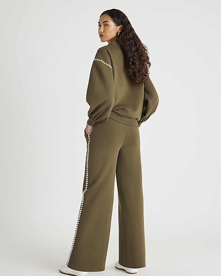 Khaki Whipstitch Wide Leg Joggers