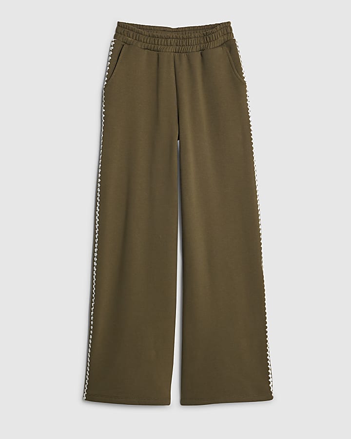Khaki Whipstitch Wide Leg Joggers
