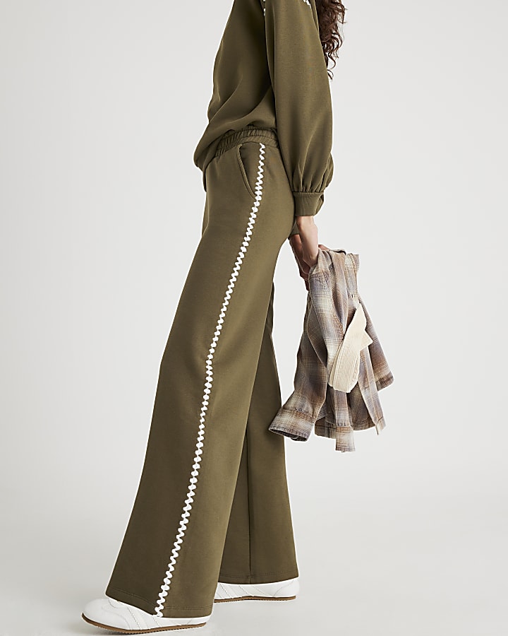 Khaki Whipstitch Wide Leg Joggers