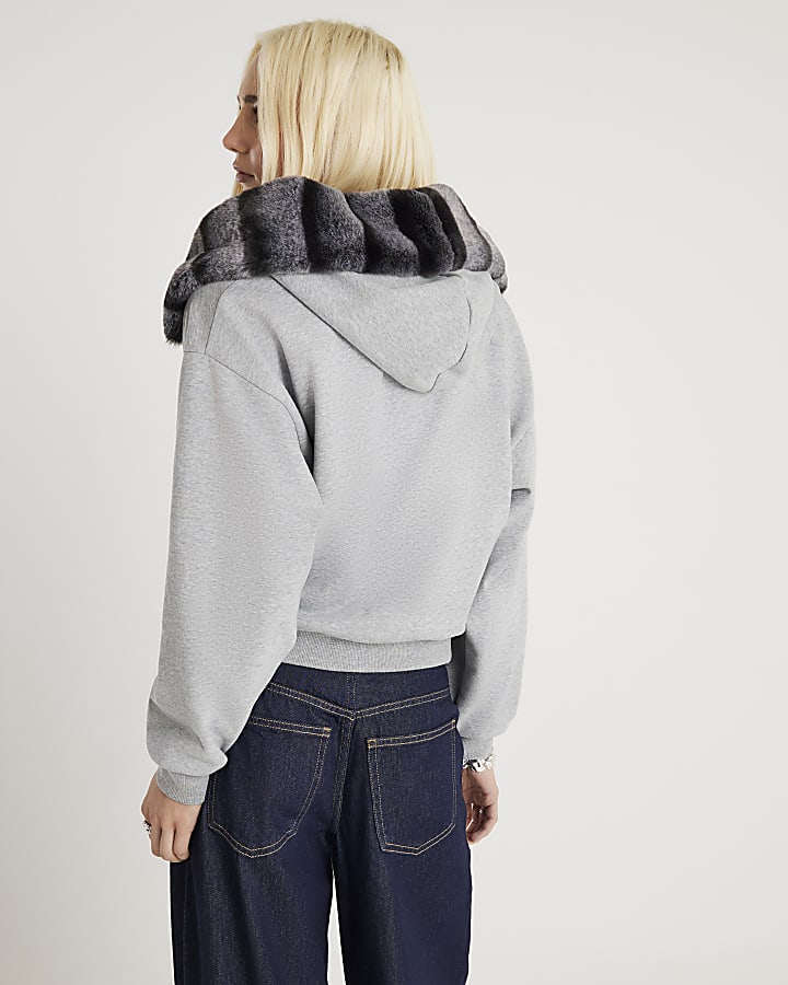 Grey Faux Fur Trim Zip Through Hoodie