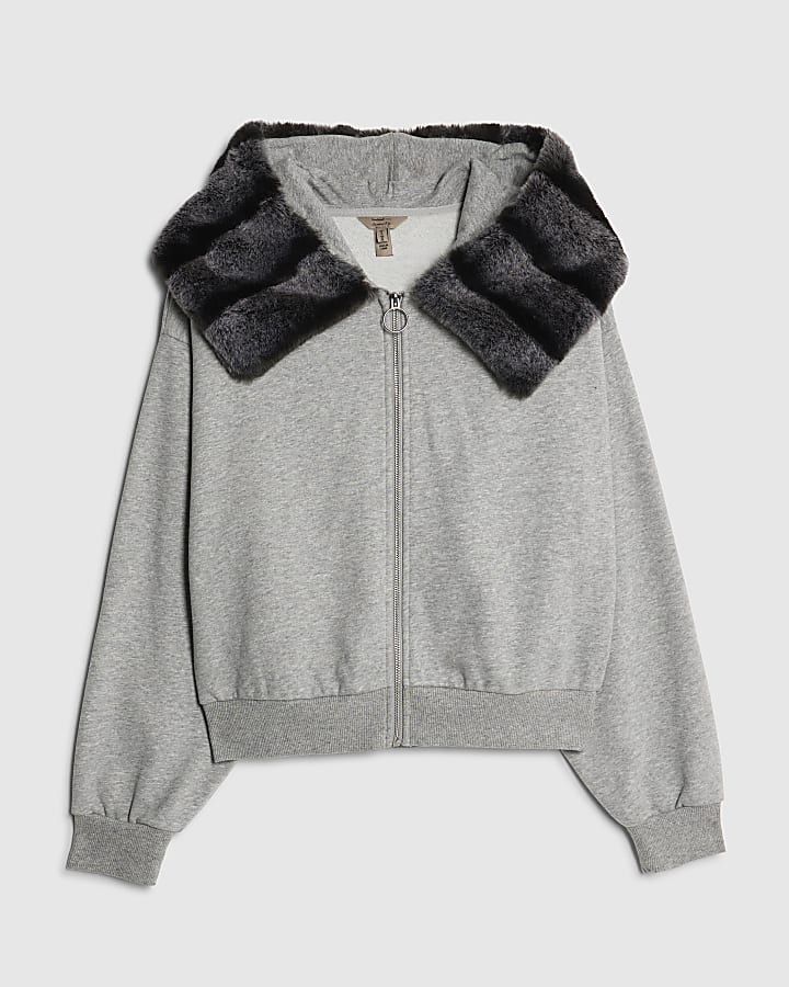 Grey Faux Fur Trim Zip Through Hoodie