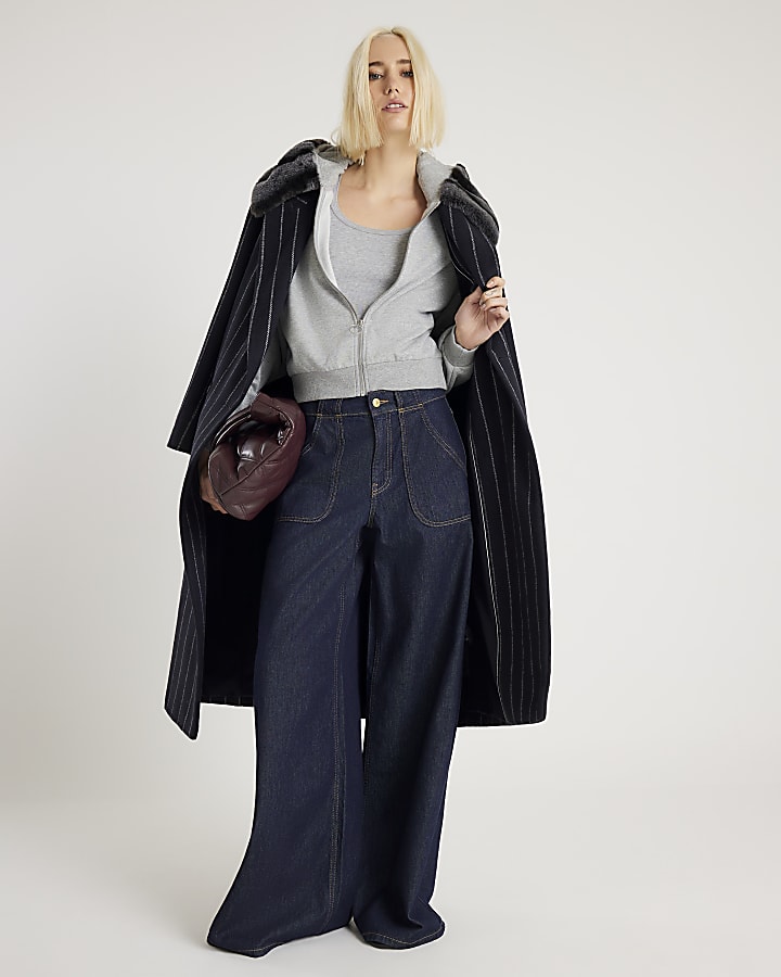 Grey Faux Fur Trim Zip Through Hoodie