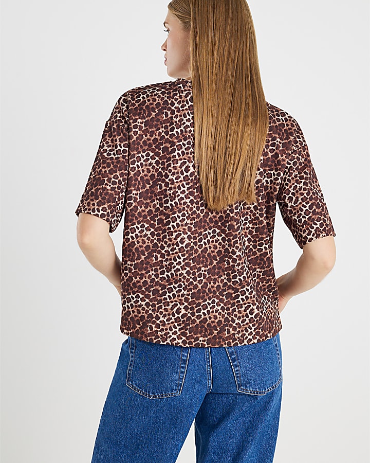 Brown Neoprene Leopard Print Boxy T-shirt