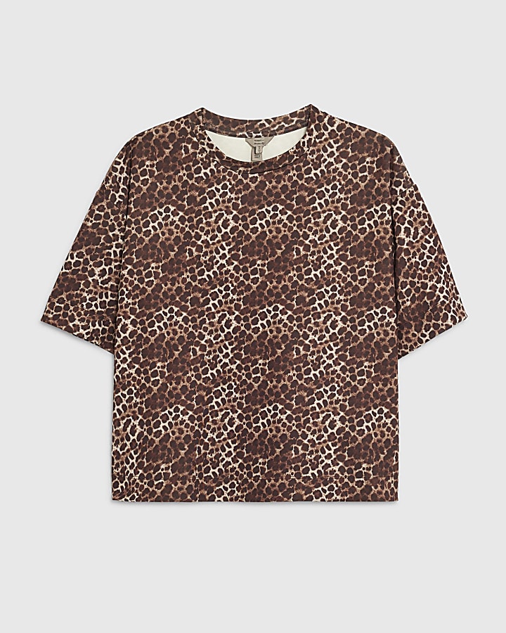 Brown Neoprene Leopard Print Boxy T-shirt