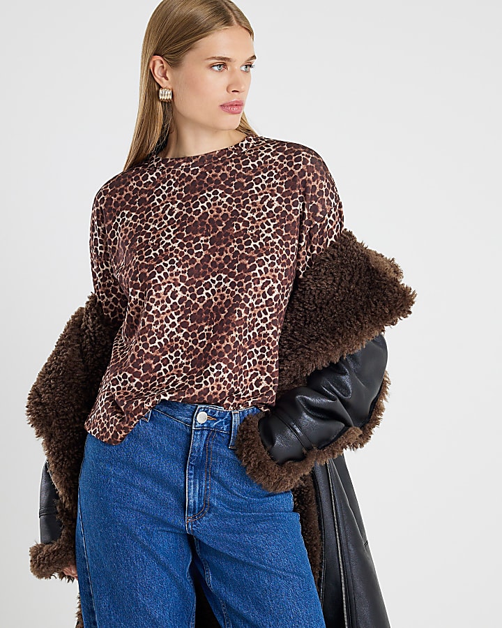 Brown Neoprene Leopard Print Boxy T-shirt