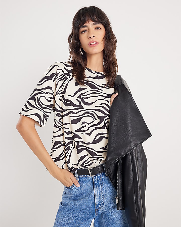 Beige Premium Zebra Print Boxy T-shirt