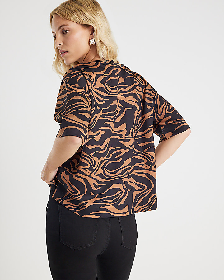 Brown Neoprene Zebra Print Boxy T-shirt