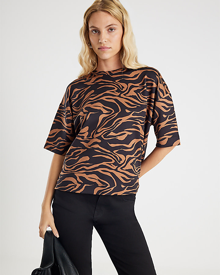 Brown Neoprene Zebra Print Boxy T-shirt
