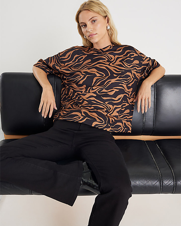 Brown Neoprene Zebra Print Boxy T-shirt
