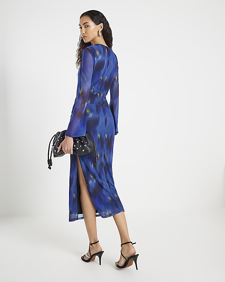 Blue Long Sleeve Swirl Print Midi Dress