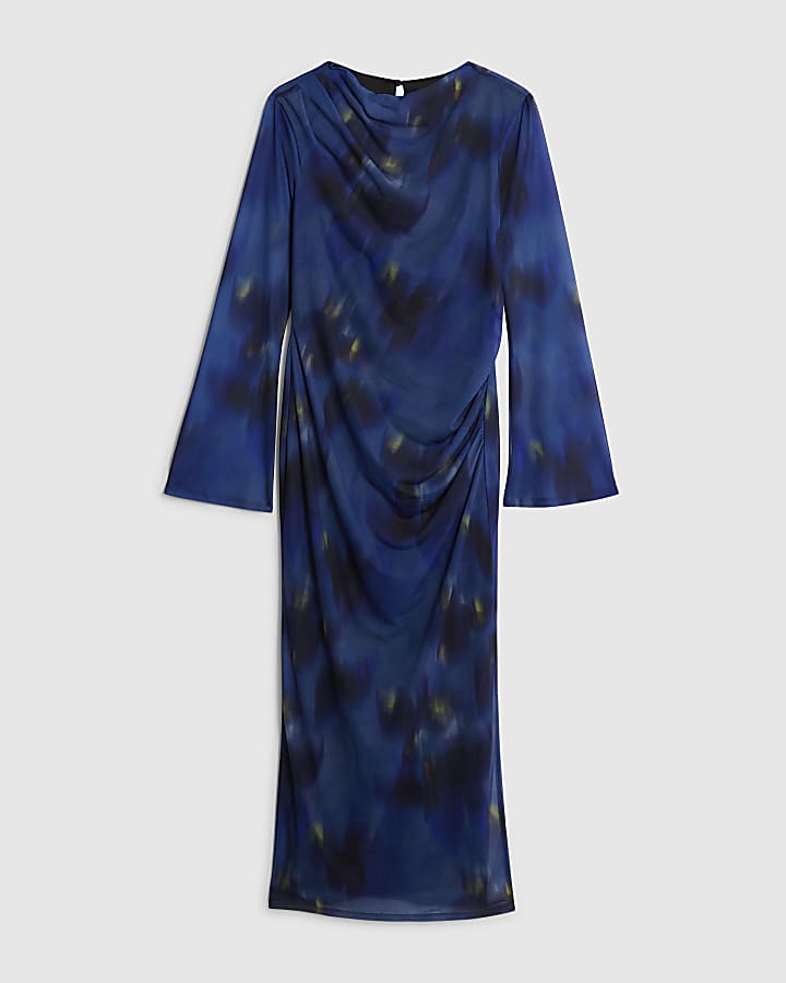 Blue Long Sleeve Swirl Print Midi Dress