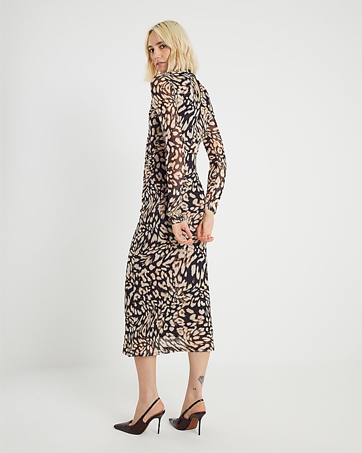 Black Mesh Leopard Print Midi Dress