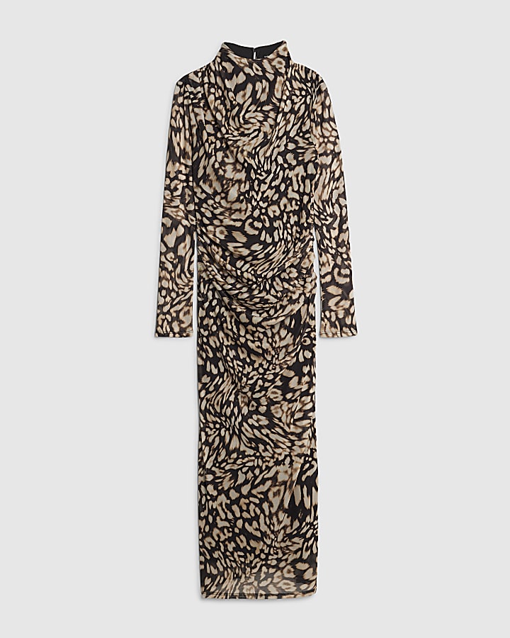 Black Mesh Leopard Print Midi Dress