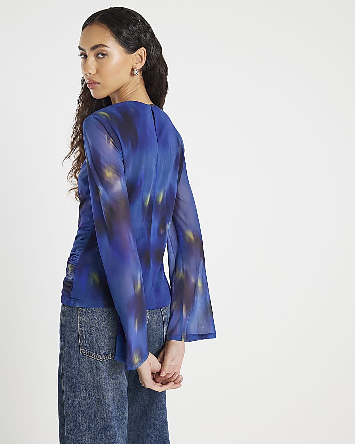 Blue Long Sleeve Swirl Print Top