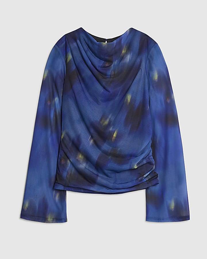 Blue Long Sleeve Swirl Print Top
