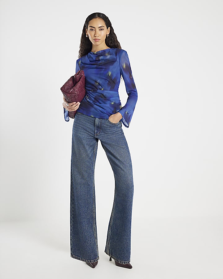Blue Long Sleeve Swirl Print Top