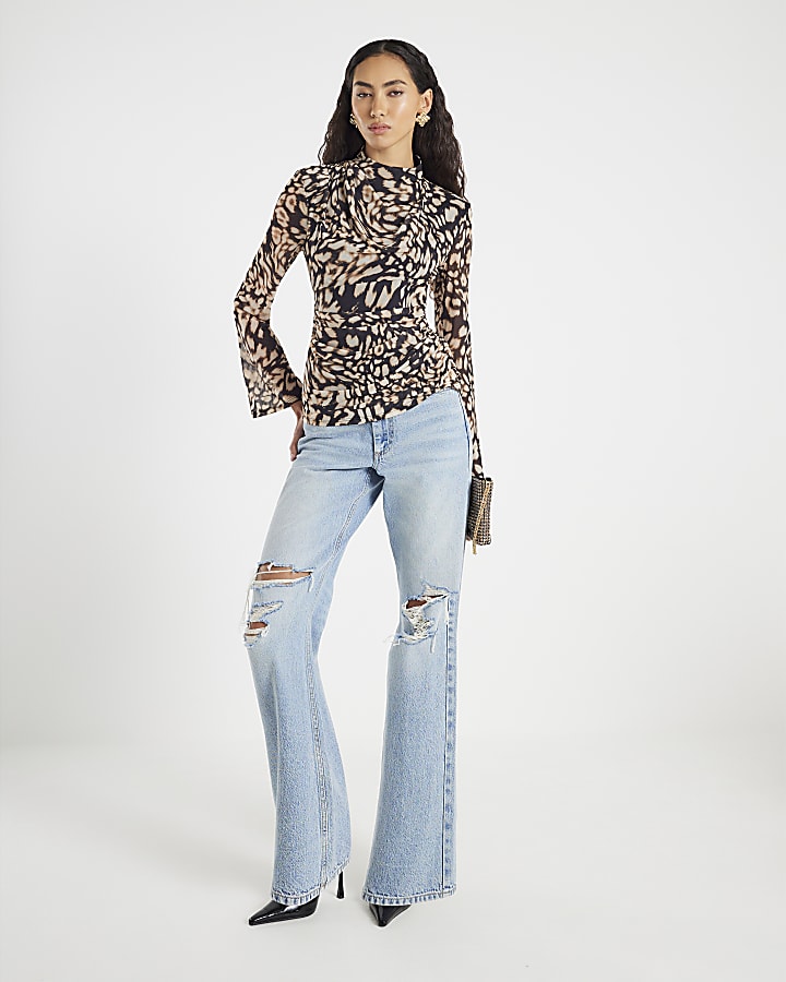 Black Long Sleeve Leopard Print Top