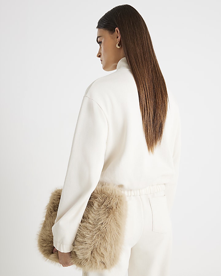 Cream Long Sleeve Boucle Mix Zip Up Jacket