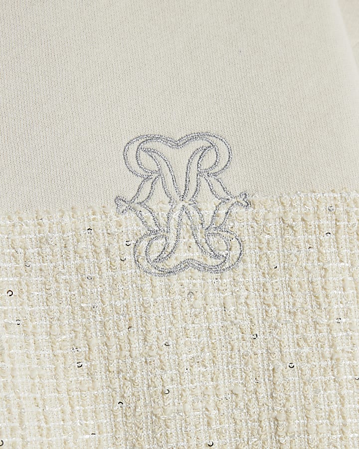 Cream Long Sleeve Boucle Mix Zip Up Jacket