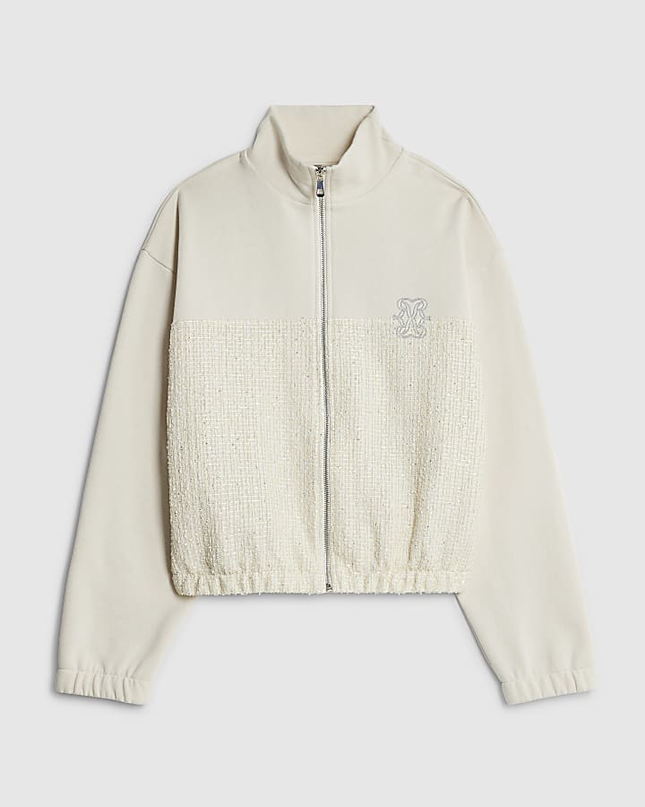 Cream Long Sleeve Boucle Mix Zip Up Jacket