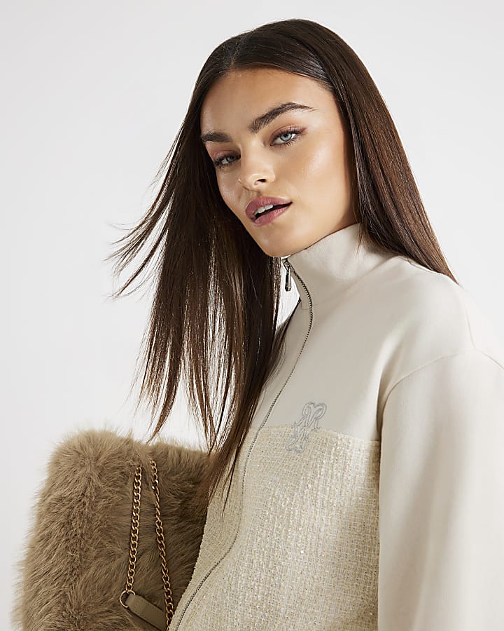 Cream Long Sleeve Boucle Mix Zip Up Jacket