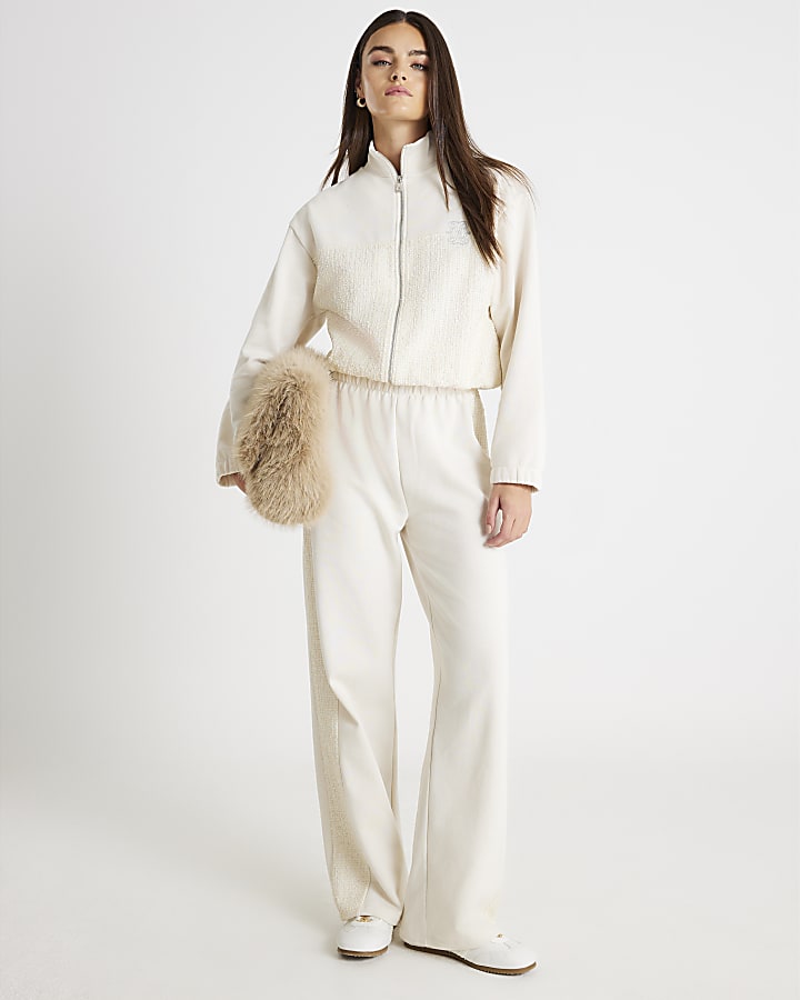 Cream Long Sleeve Boucle Mix Zip Up Jacket