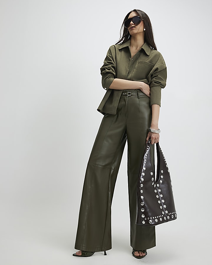 Khaki Wide Leg Buckle Detail Trousers