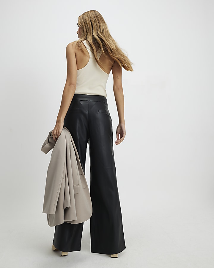 Black Faux Leather Wide Leg Trousers