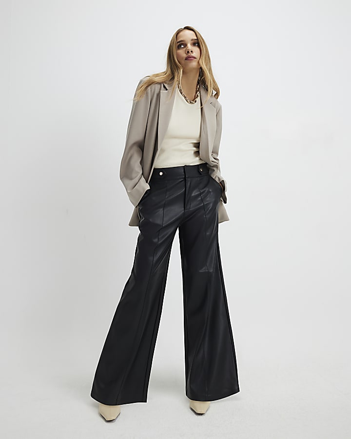 Black Faux Leather Wide Leg Trousers