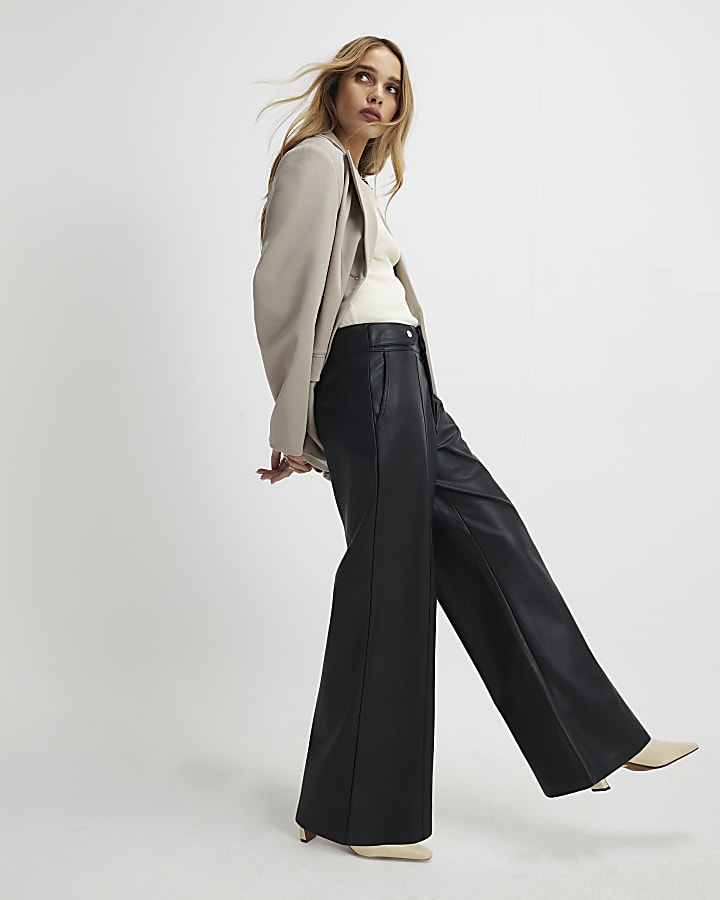 Black Faux Leather Wide Leg Trousers