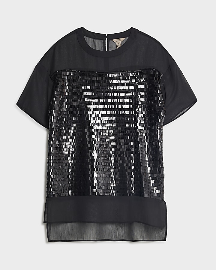 Black Short Sleeve Sequin Top
