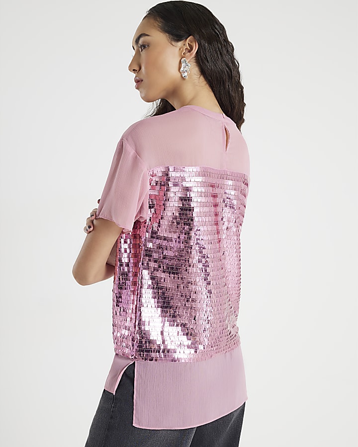 Pink Short Sleeve Sequin Top