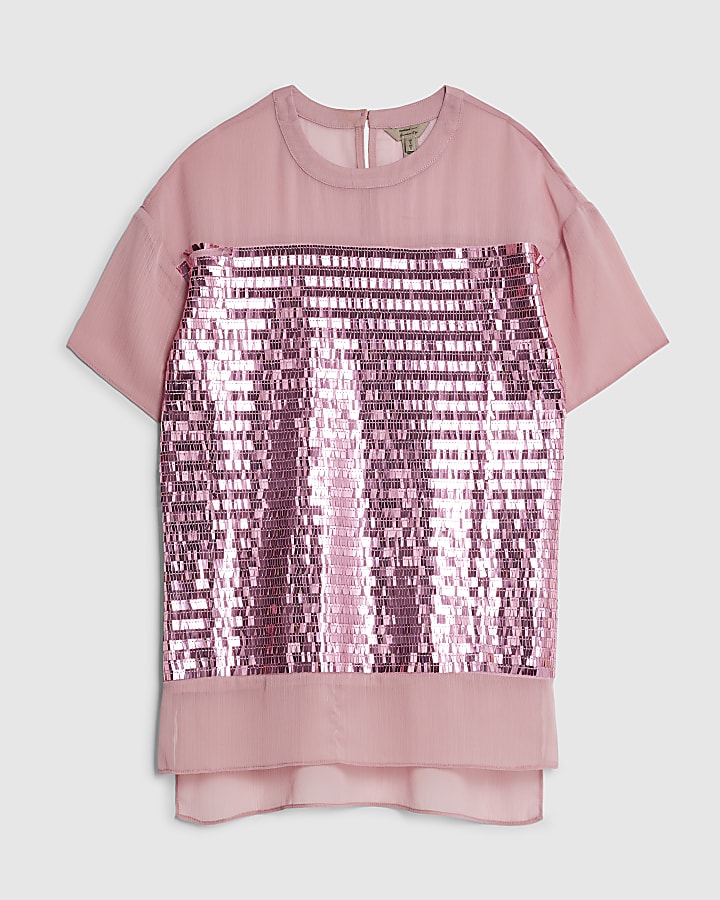 Pink Short Sleeve Sequin Top