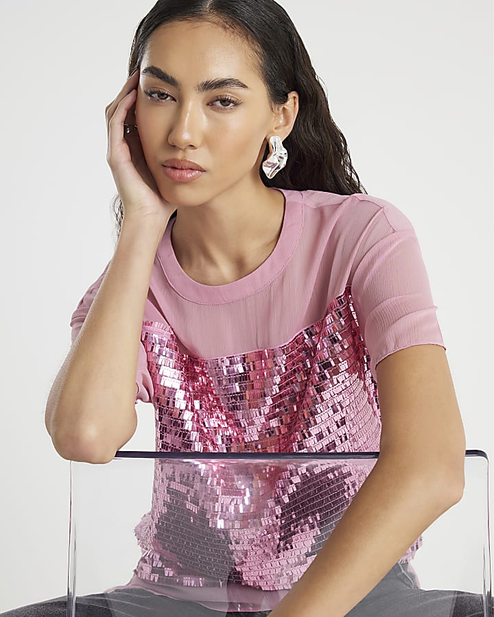 Pink Short Sleeve Sequin Top