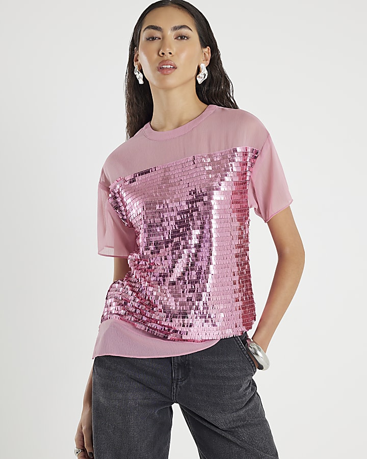 Pink Short Sleeve Sequin Top